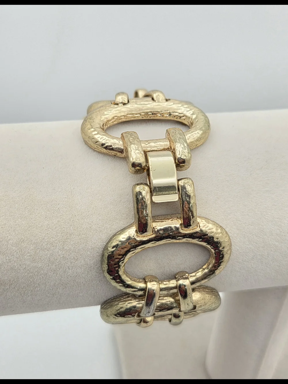 Vintage Hammered Gold Tone Oval Link Statement Bracelet